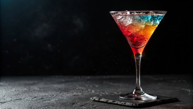 Colorful Layered Drink in a Elegant Glass on Dark Background with Ice and Sparkles