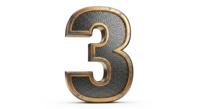 Three dimensional metallic number three with gold trim and textured surface transparent background