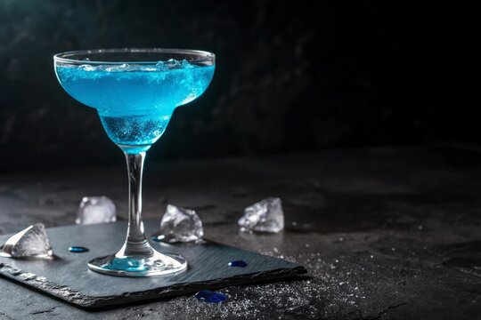 Vibrant Blue Cocktail in a Glass with Ice on a Dark Background for Refreshing Summer Vibes