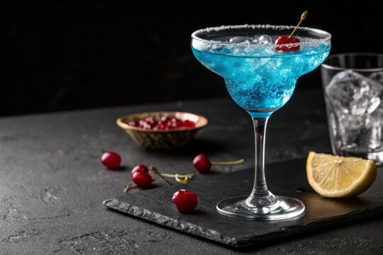 Refreshing Blue Cocktail with Cherry Garnish and Lemon Slice on Dark Stone Background