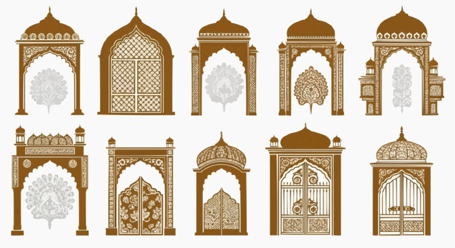 Traditional Indian Archway Silhouettes & Ornate Jharokha Gate Vector Collection for Wedding Invitations and Cultural Decor Design
