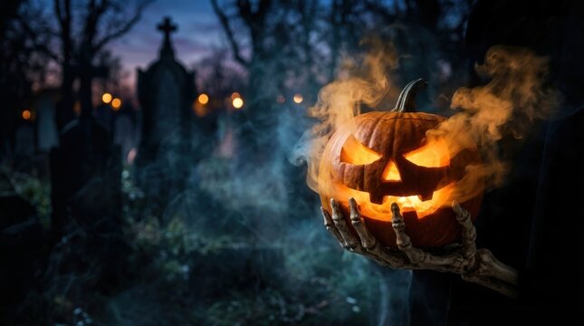 Creepy skeleton hands holding a glowing and smoking jack-o-lantern pumpkin in a dark graveyard