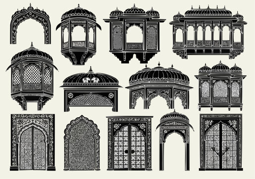 Traditional Indian Archway Silhouettes & Ornate Jharokha Gate Vector Collection for Wedding Invitations and Cultural Decor Design