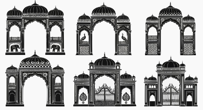 Traditional Indian Archway Silhouettes & Ornate Jharokha Gate Vector Collection for Wedding Invitations and Cultural Decor Design