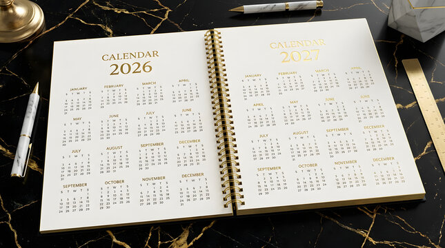 Elegantly designed desk calendar and planner open to years 2026 and 2027, highlighting future planning and schedule organization on a luxurious marble surface
