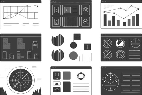 Collection of software interface wireframes showing data analytics and monitoring dashboard systems for business intelligence tasks
