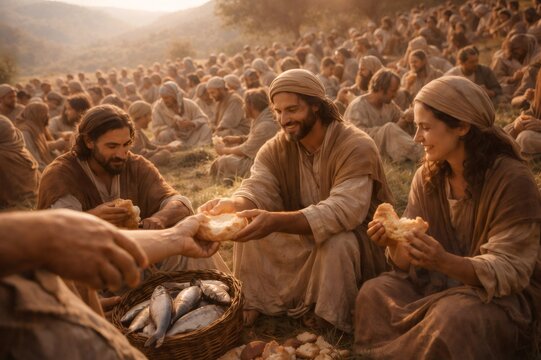 Jesus feeding the multitude bread and fish miracle