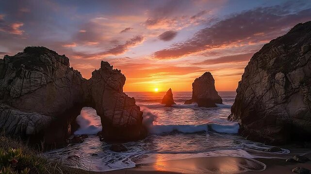 A stunning sunset view framing dramatic rock arches and sea stacks along a rugged ocean coastline.