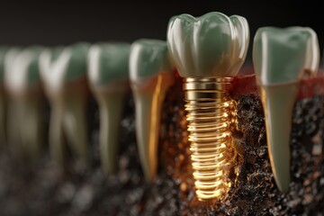 Fototapeta premium Row of Dental Implants in Gum Tissue Cross-Section with Gold Screw and Glowing Crown for Dental Advertising
