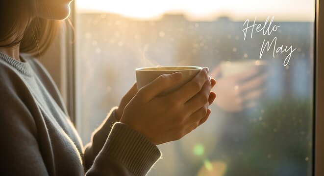 A woman holding a warm cup of coffee while looking out the window on a bright spring morning day. hello may