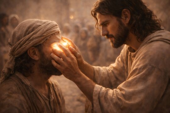 Jesus healing blind man restoring eyesight with light