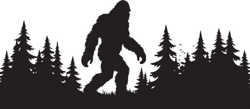 Bigfoot walking through a forest of pine trees at dusk