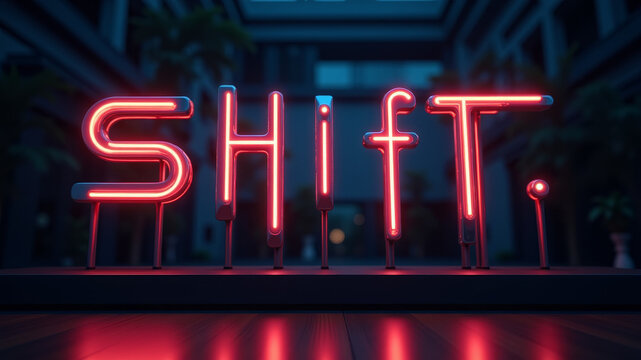 Neon text shift representing change transformation and transition in systems environments and processes driven by technological evolution