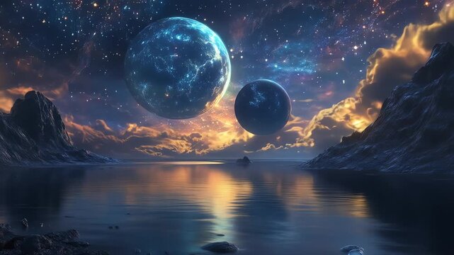 Cosmic landscape two planets and reflective water under a starry sky