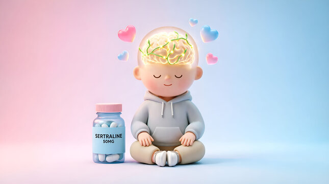 Boy in lotus position next to a bottle of Sertraline 50mg, glowing brain with green neural connections, floating hearts, pink-blue gradient, 3D cartoon
