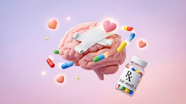 Brain Healing with Medicines - Pink Brain with White Bandage Healed with Multicolored Capsules, "RX FOR MIND" Bottle, Hearts and Sparkles, Lavender Pink Gradient