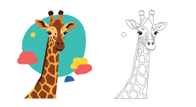 Cute cartoon giraffe head illustration shown in both full color and as a black and white line art outline for coloring.