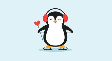 Obraz premium Adorable cartoon penguin wearing red earmuffs and ice skates while holding a heart-shaped wand on a light blue background.