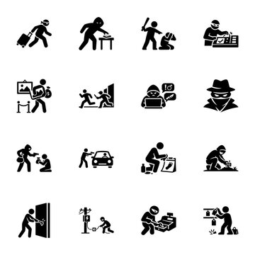 Diverse Methods of Global Criminal Activity and Lawlessness Icon set