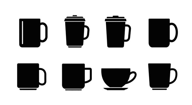 Solid silhouette icons of coffee mugs, tumblers, and cups with saucers, drinkware and beverage container set