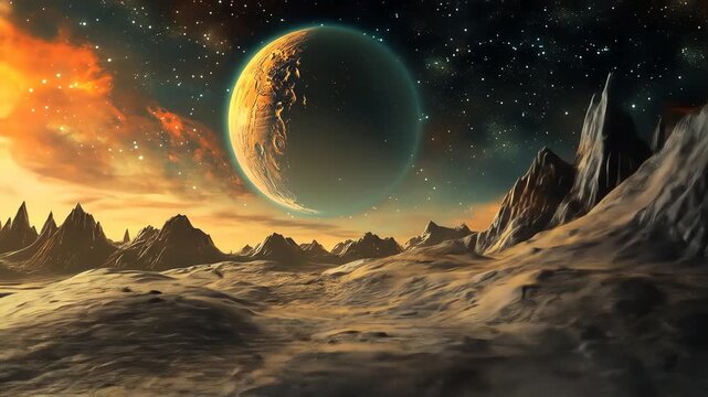 Cosmic landscape with planet and mountains under a colorful starry sky