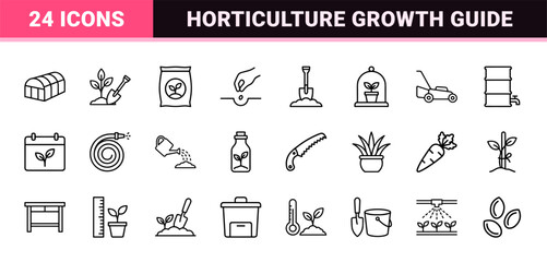 Naklejka premium Horticulture and plant care line icon set in minimalist outline style.