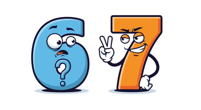 Number six character confused with a question mark and number seven character making peace or victory sign. Math concept vector illustration