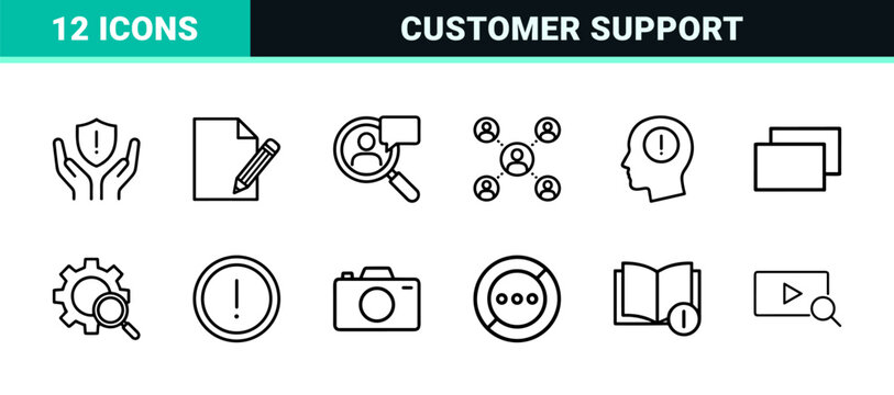 Information and support services line icon set for customer help and knowledge base.