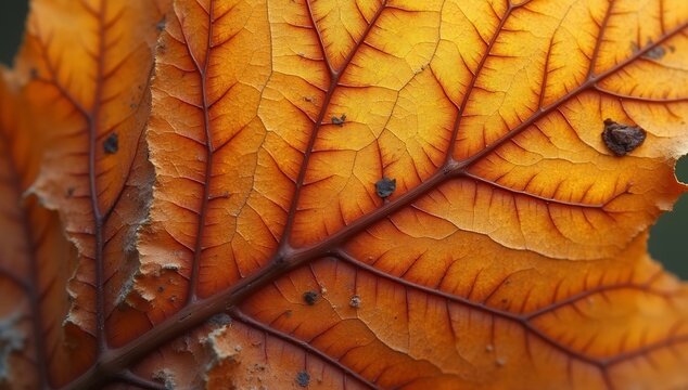 Close-up Macro View of a Vibrant Autumn Leafs Intricate Vein Structure.