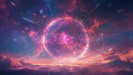 Fototapeta premium neon arcane portal hovering above clouds, glowing sigils rotate over nebula backdrop, streaking comets and distant starfield, luminous energy ring expands
