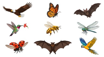 Obraz premium A colorful variety of airborne creatures including an eagle, hummingbird, parrot, bat, butterfly, bee, ladybug, and dragonfly, isolated on a white background.