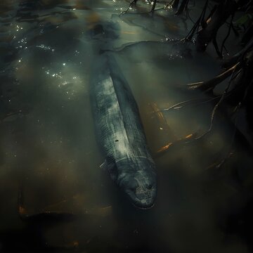 Giant Arapaima Swimming Through Murky Root-Filled Amazonian Waters