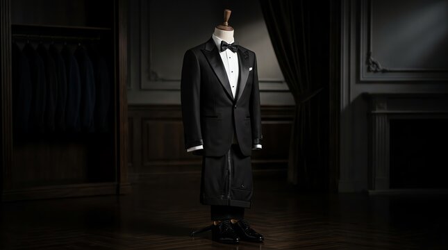 Elegant Black Tuxedo on a Tailors Mannequin in a Classic Dressing Room