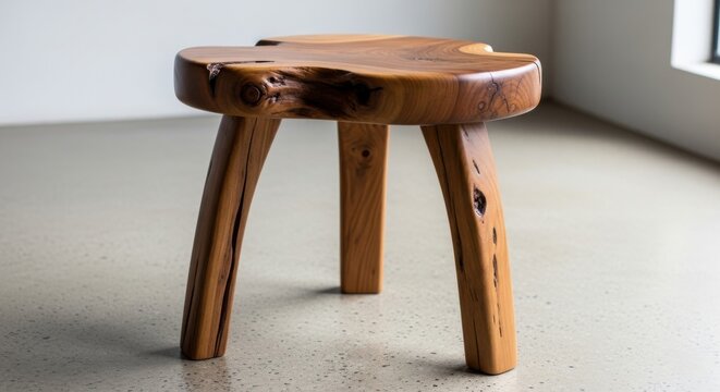 A wooden stool with a natural edge and three legs