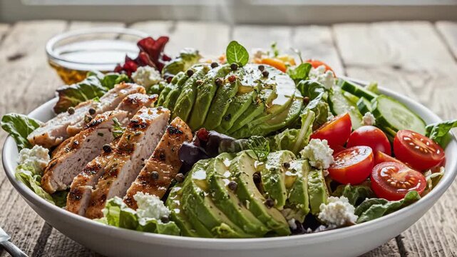 Fresh salad with grilled chicken, sliced avocado, cherry tomatoes, feta cheese on leafy greens