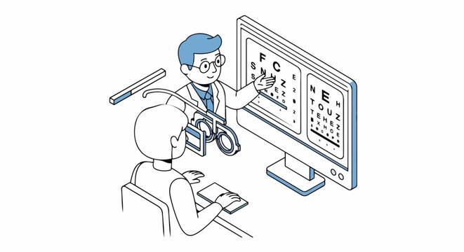 Isometric Illustration of a Professional Optometrist Conducting an Eye Exam and Vision Test for a Patient using a Phoropter and Digital Snellen Eye Chart