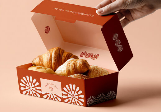 Open Pastry Box with Croissants Inside Mockup