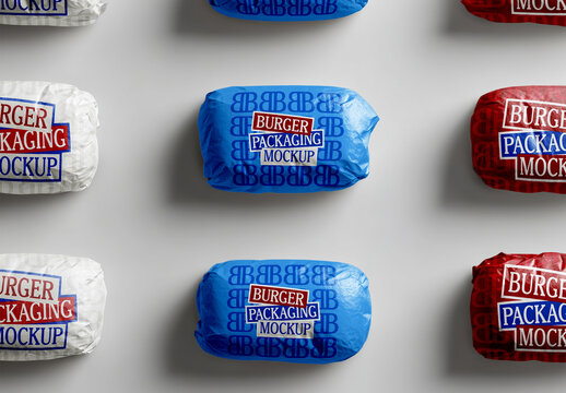 Burger Wrappers Arranged in Grid Pattern Mockup