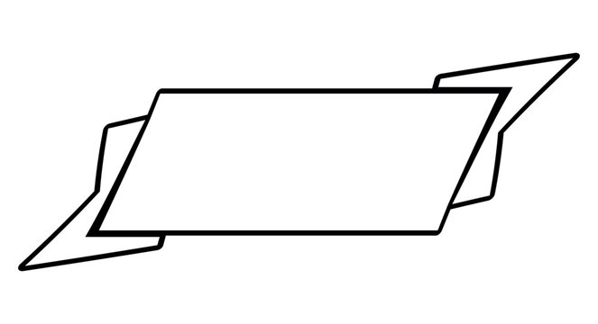 Minimalist black and white vector illustration of a dynamic ribbon banner with angular extensions. Central rectangle flanked by two stylized wings creating a sense of movement.