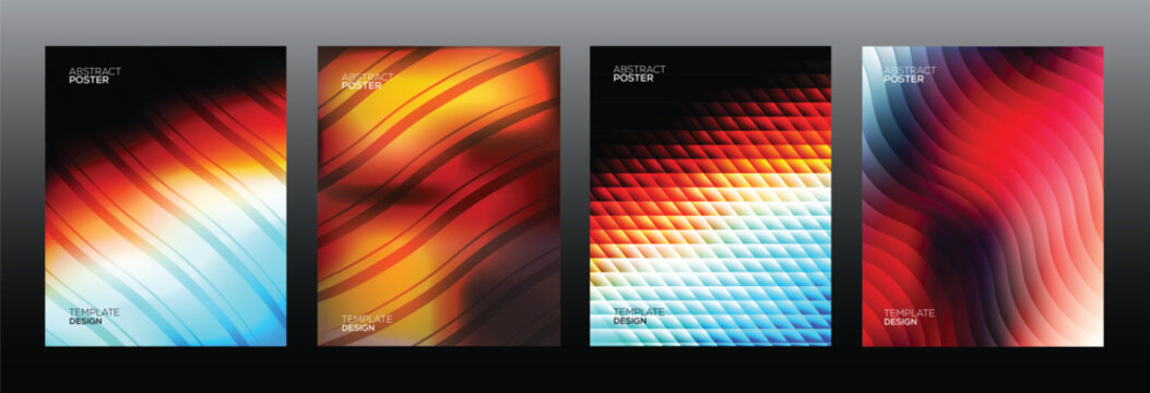 Set of abstract posters with vibrant gradient wavy lines and geometric patterns