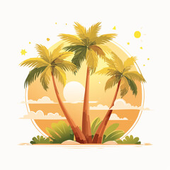 Obraz premium Vibrant Tropical Sunset Scene with Palm Trees on an Idyllic Island Beach Illustration