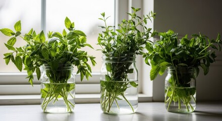 Fototapeta premium Three clear glass jars containing bundles of fresh green herbs like mint and basil submerged in water, sitting on a kitchen windowsill with bright natural daylight in the background.
