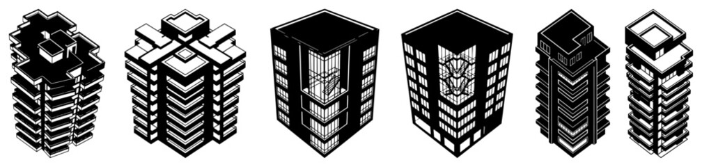 Isometric building collection featuring modern skyscrapers and residential towers in flat style © Camel