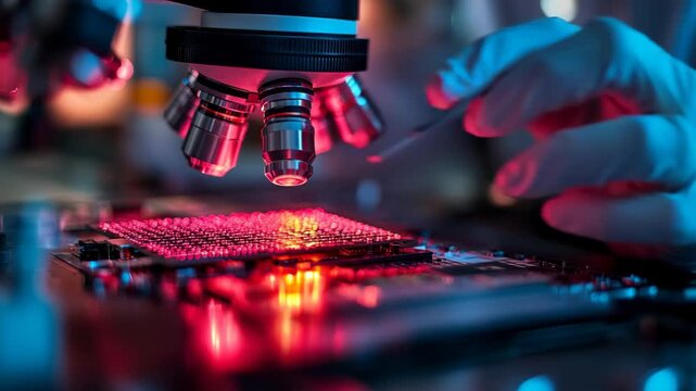 Detailed shot of gloved scientist working with microchip beneath laboratory microscope, illuminated glowing lights, nanotechnology, innovation, precision science, future technological breakthroughs