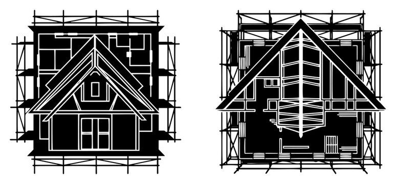 Architectural house blueprint schematic with gabled roof and construction grid in technical line art style