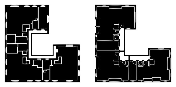 Apartment building floor plan layout with internal room divisions in architectural blueprint style