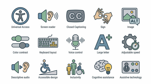 Vector Icons Set of fifteen hand drawn web accessibility and inclusive design icons. EPS Editable. Vector Illustrations.
