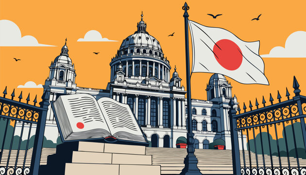 Japanese constitution day remembrance with open law book and flag against backdrop.