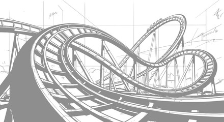 Obraz premium A thrilling rollercoaster zooms through a scenic amusement park landscape.