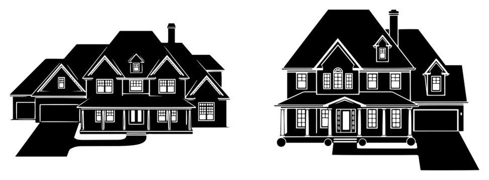 Suburban family house elevations with classic gabled roofs and garages in black and white silhouette style